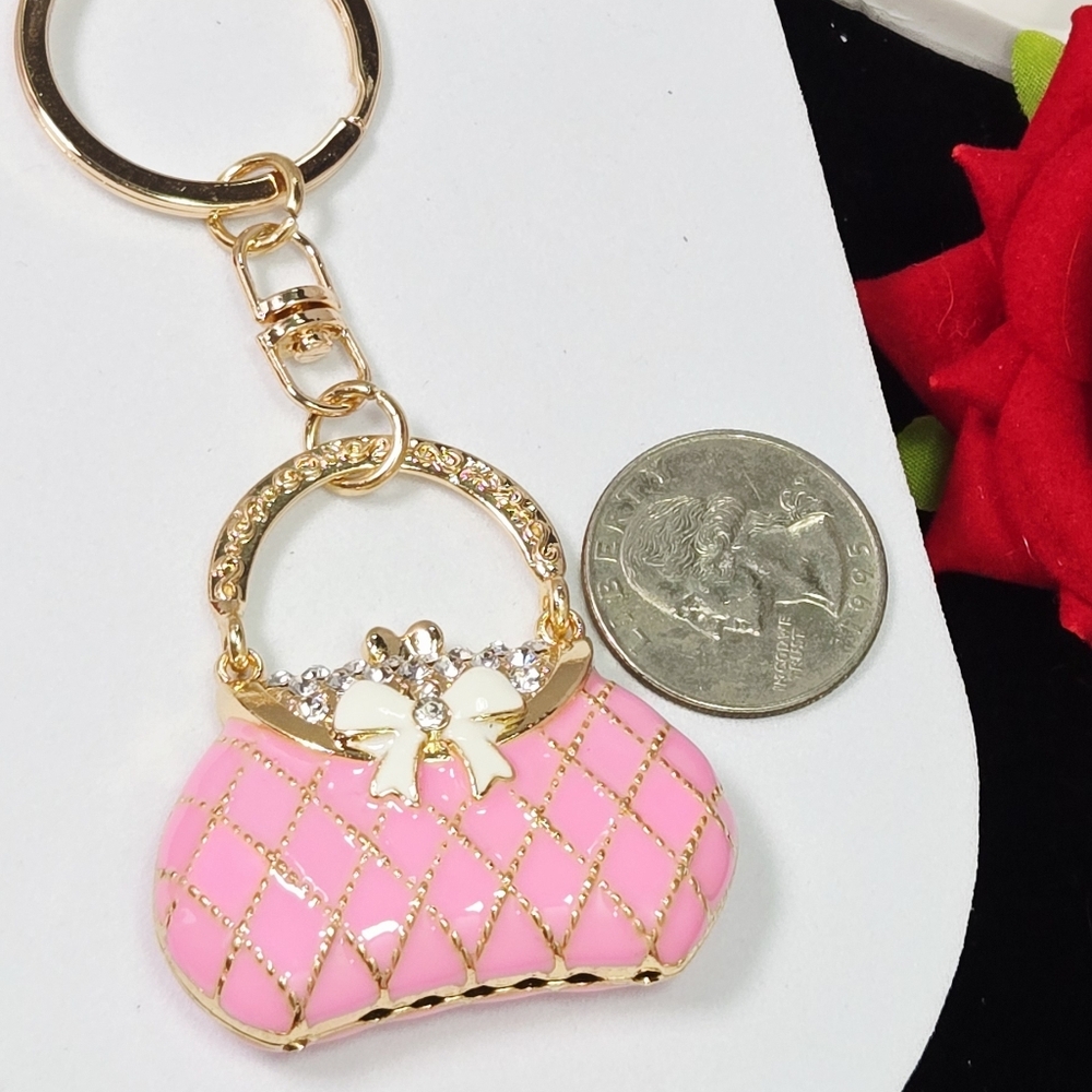 Pink Quilted Purse Rhinestone Keychain Gold Bag Charm w/ Bow Puffy Keyring Clip - Picture 5 of 12